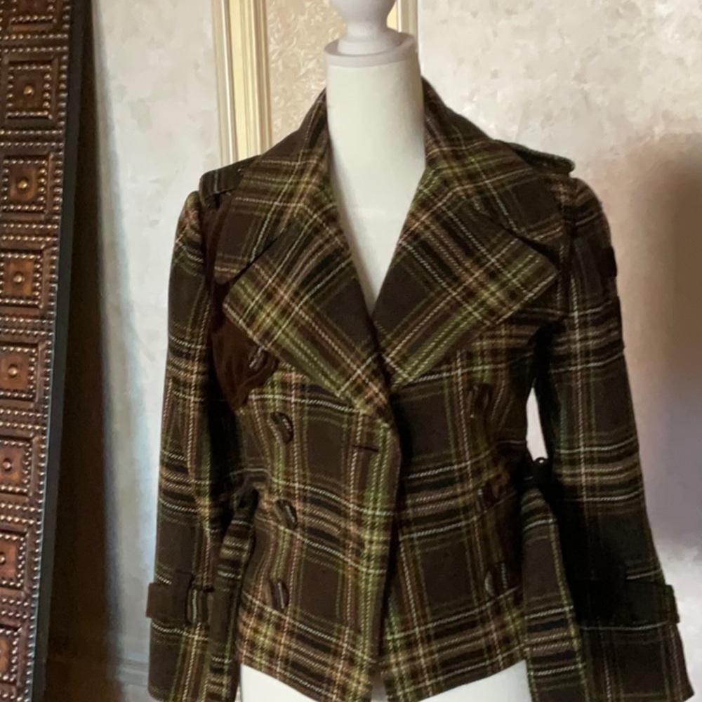 Juicy Couture 3/4 sleeve wool plaid cropped trench sz 6